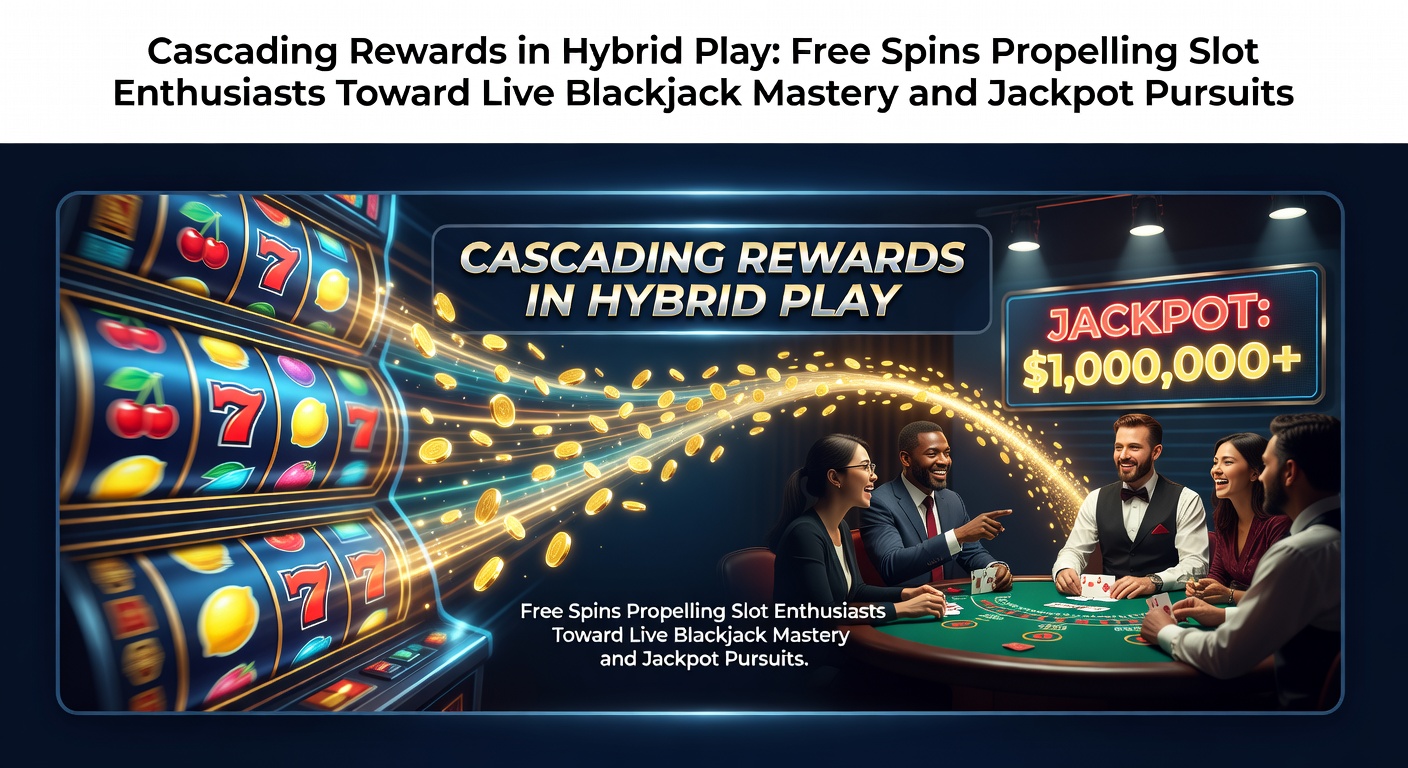 Dynamische Grafik zeigt kaskadierende Symbole in Slots, die zu Live-Blackjack-Tischen und leuchtenden Jackpots überleiten, mit mobilen Elementen im Vordergrund