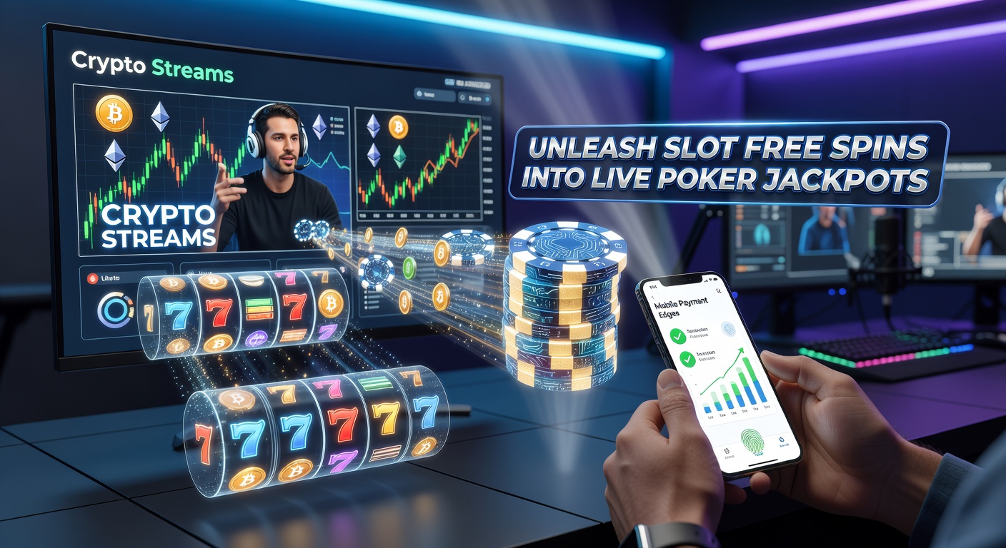 Grafik zeigt Krypto-Ströme, die Free Spins von Slots in Live-Poker-Jackpots leiten, mit mobilen Zahlungssymbolen im Vordergrund
