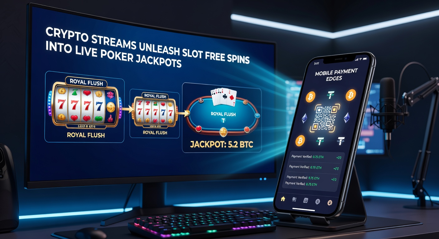 Mobilgerät zeigt Crypto-Transaktionen, Free Spins und Poker-Jackpot, mit Zahlungs-Apps im Hintergrund