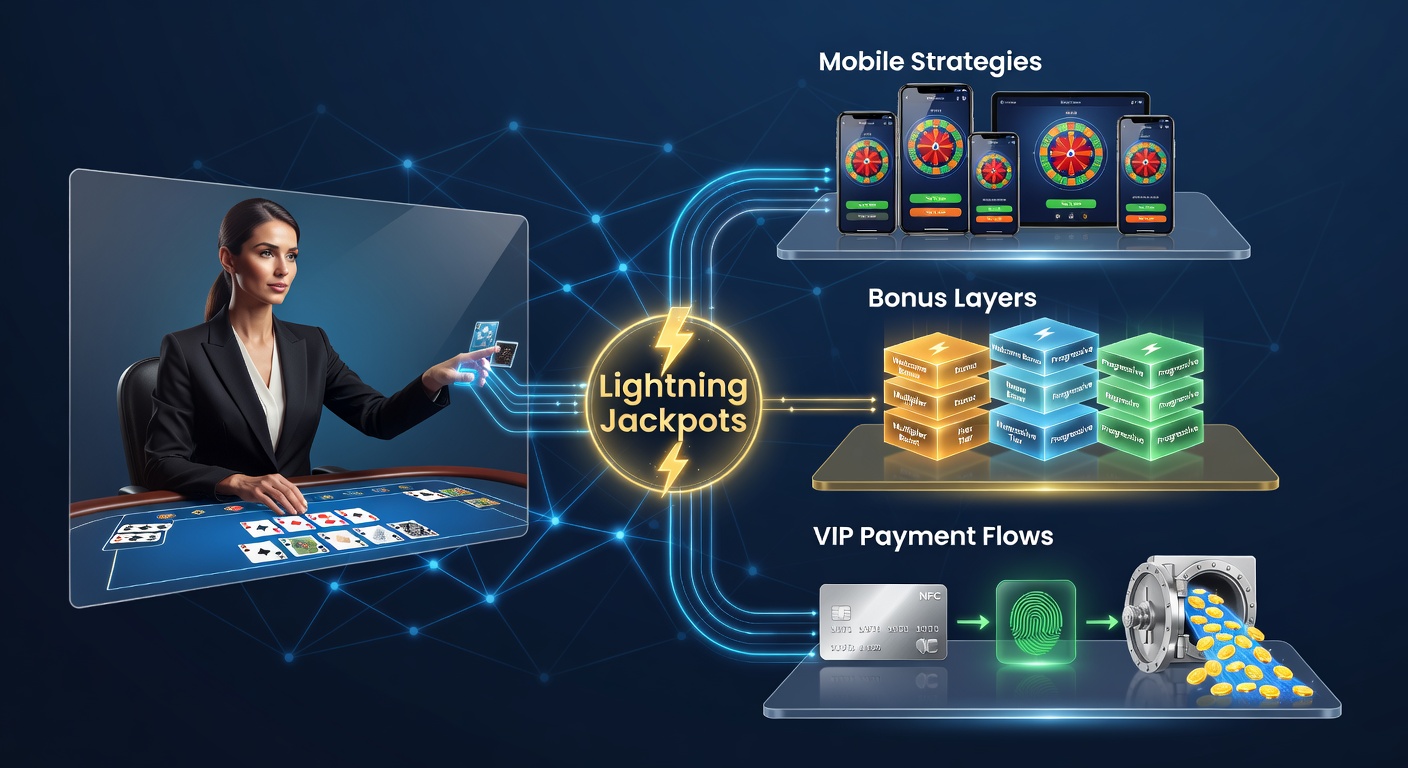 Live Dealer am Tisch mit Lightning-Jackpot-Effekten auf einem mobilen Bildschirm, umgeben von Bonus-Symbolen und VIP-Zahlungsoptionen