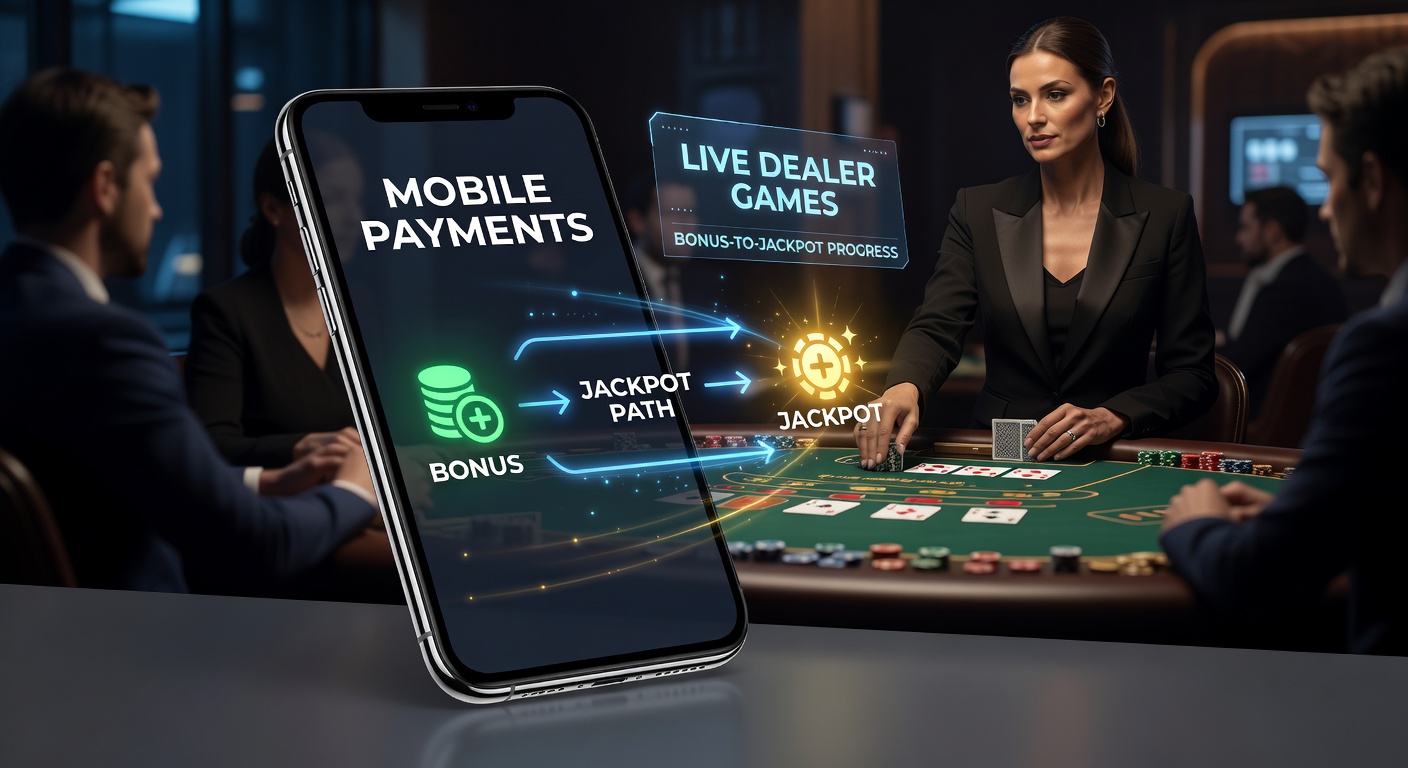 Smartphone mit Live-Dealer-Spiel und mobilen Zahlungsoptionen auf dem Bildschirm, das den nahtlosen Übergang von Boni zu Jackpots illustriert
