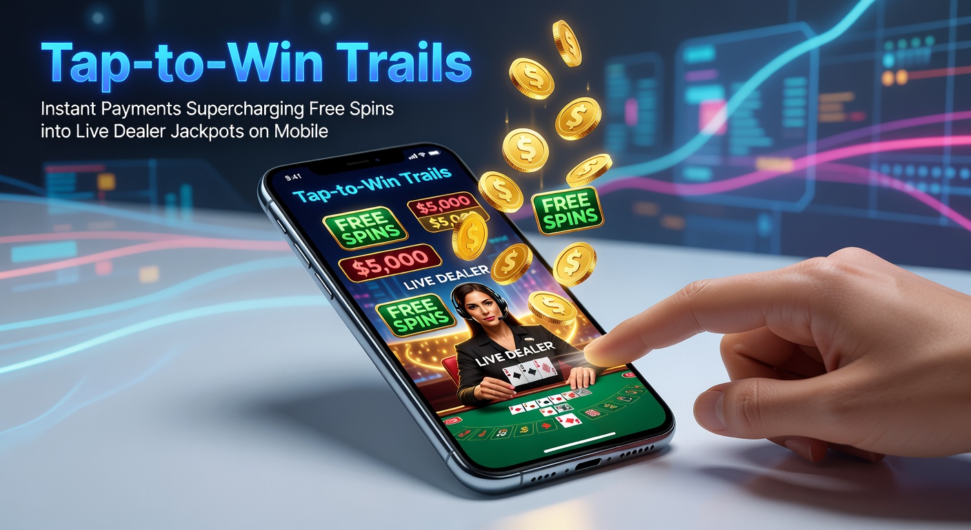 Smartphone-Bildschirm zeigt Tap-to-Win-Feature mit Free Spins und Live-Dealer-Tisch im Hintergrund, umgeben von blitzschnellen Zahlungsikonen