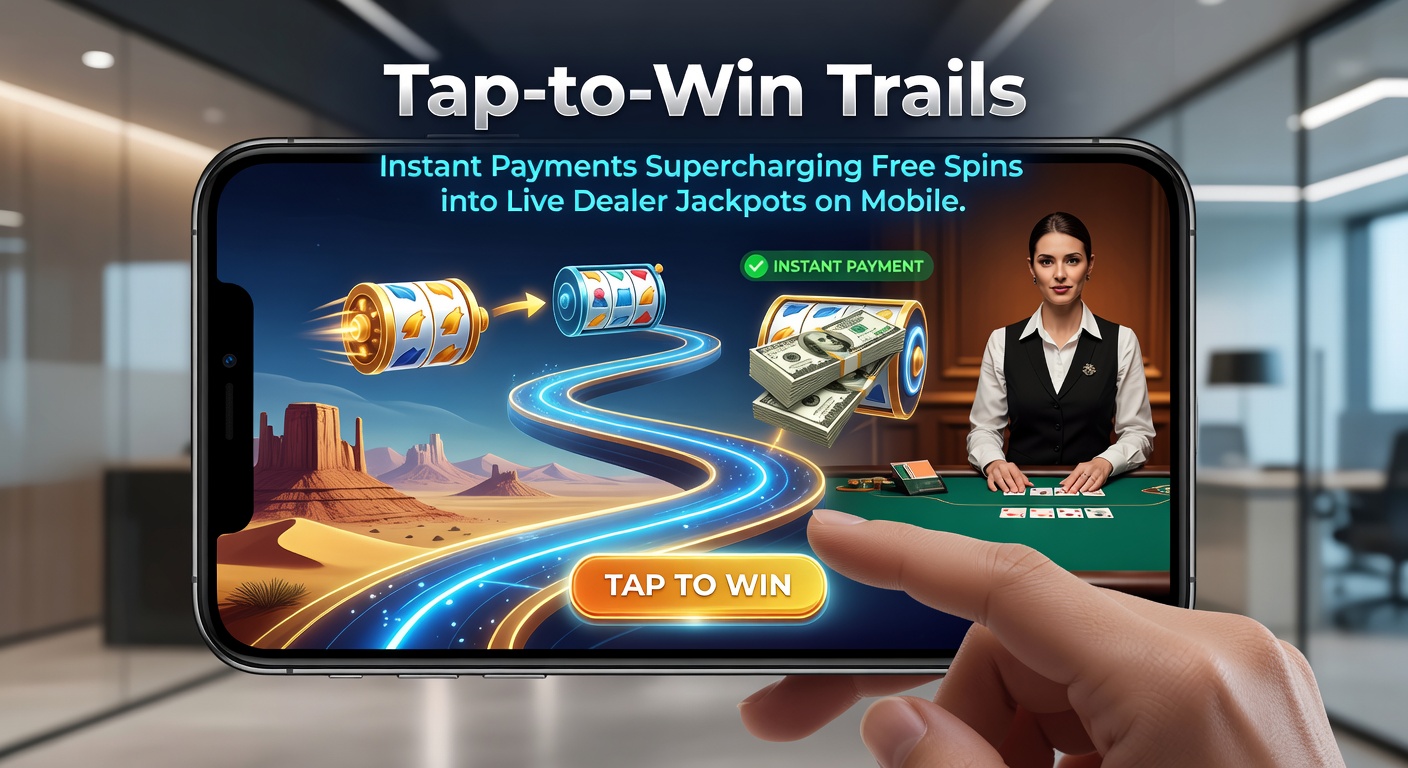 Detaillierte Grafik eines Tap-to-Win-Pfads: Free Spins fließen in Live-Dealer-Jackpot, mit Instant-Zahlungsblitzen und Mobil-UI-Elementen